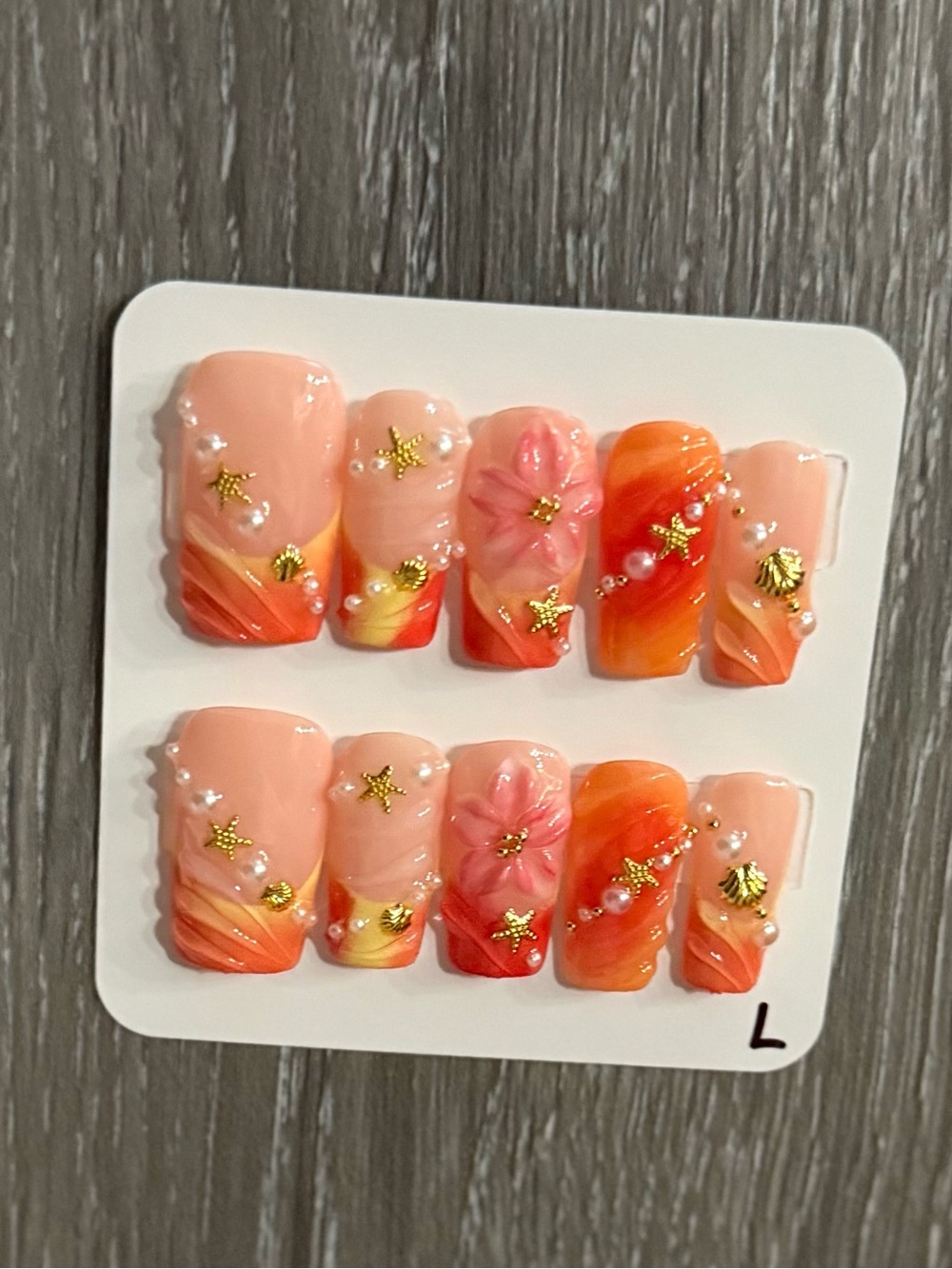 Peach & Coral Press-On Nails with Gold Accents